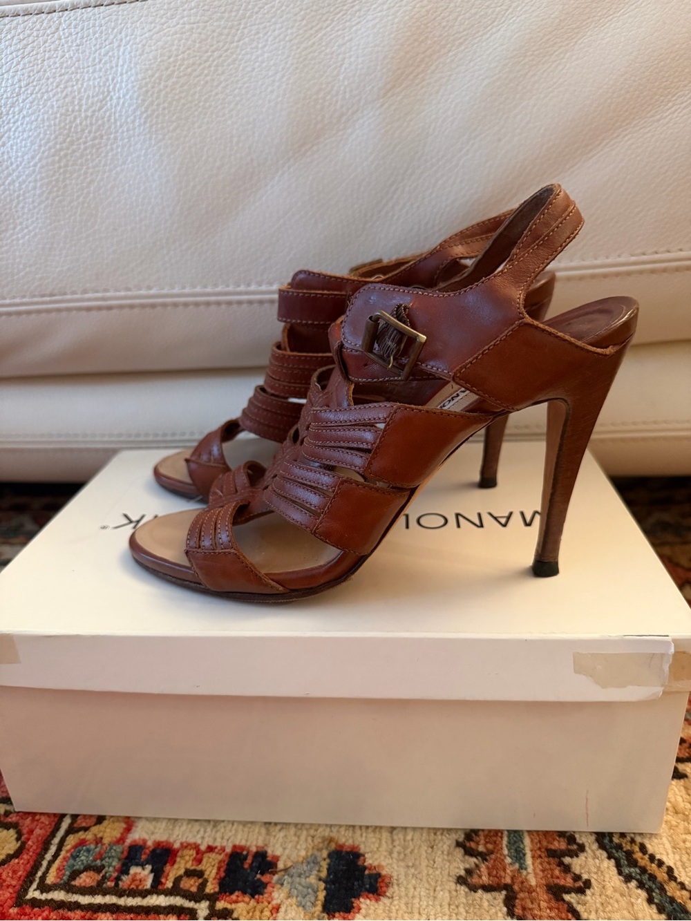 Manolo Blahnik Elants 105mm Cognac/Tan Leather Strappy Sandals – Size US 8